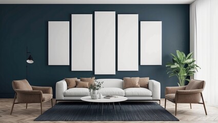 High-Detail Multi-Paneled White Canvas Wall Art in Contemporary Living Room