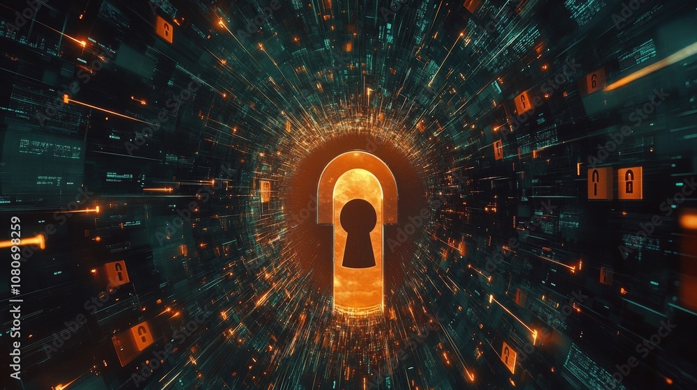 Poster futuristic digital lock symbolizing advanced cybersecurity in a virtual environment.
