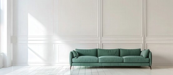 Elegant green velvet sofa in a minimalist white room with ornate molding