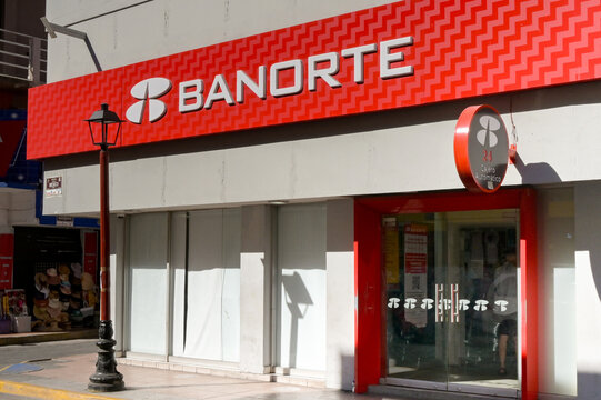 Manzanillo, Colima, Mexico - 16 January 2024: Front exterior view of the branch of Banorte Bank in the city of Manzanillo