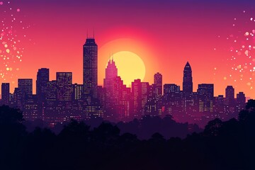 Fototapeta premium A vibrant sunset illuminates the cityscape, with silhouetted buildings against a fiery sky.