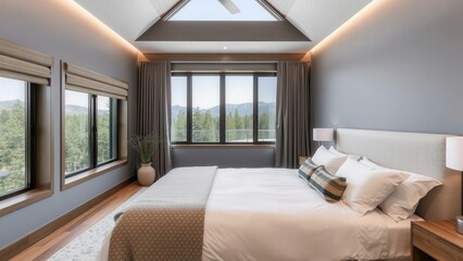 Luxurious Modern Bedroom with Panoramic Nature Views, Perfect for Relaxation and Comfort