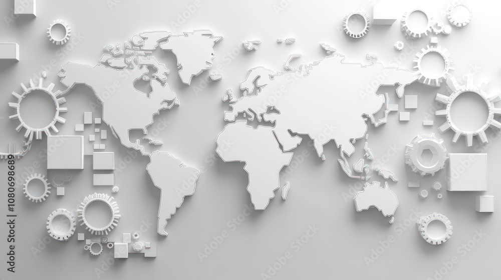 Aufkleber Abstract world map background with white color blocks and gears symbolizing global networks and technology