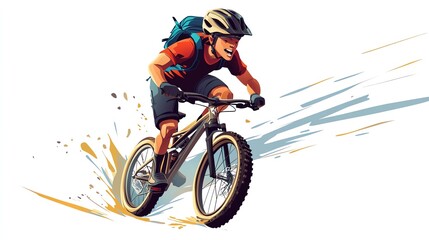 a 2D cartoon illustration of a cyclist riding a mountain bike, adventurous and fast, white background--ar 16:9