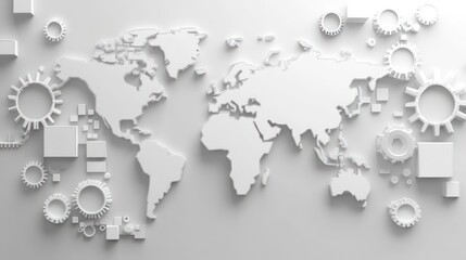 Abstract world map background with white color blocks and gears symbolizing global networks and technology
