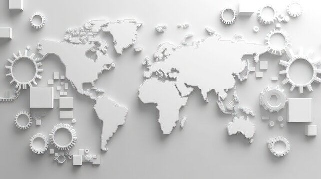 Abstract world map background with white color blocks and gears symbolizing global networks and technology