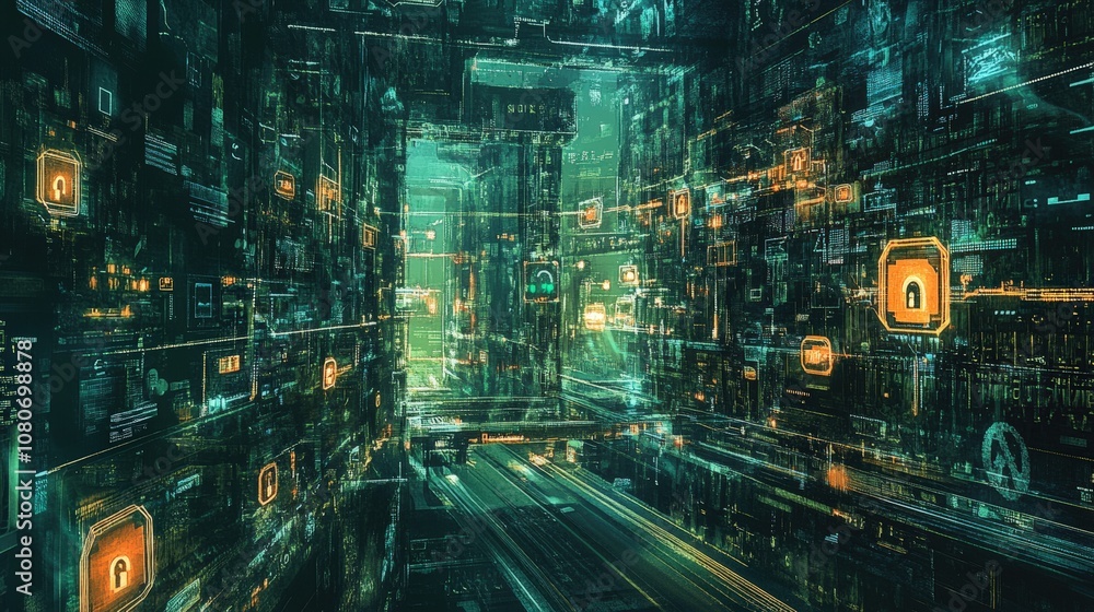 Aufkleber futuristic digital network with glowing data streams and cybersecurity symbols.