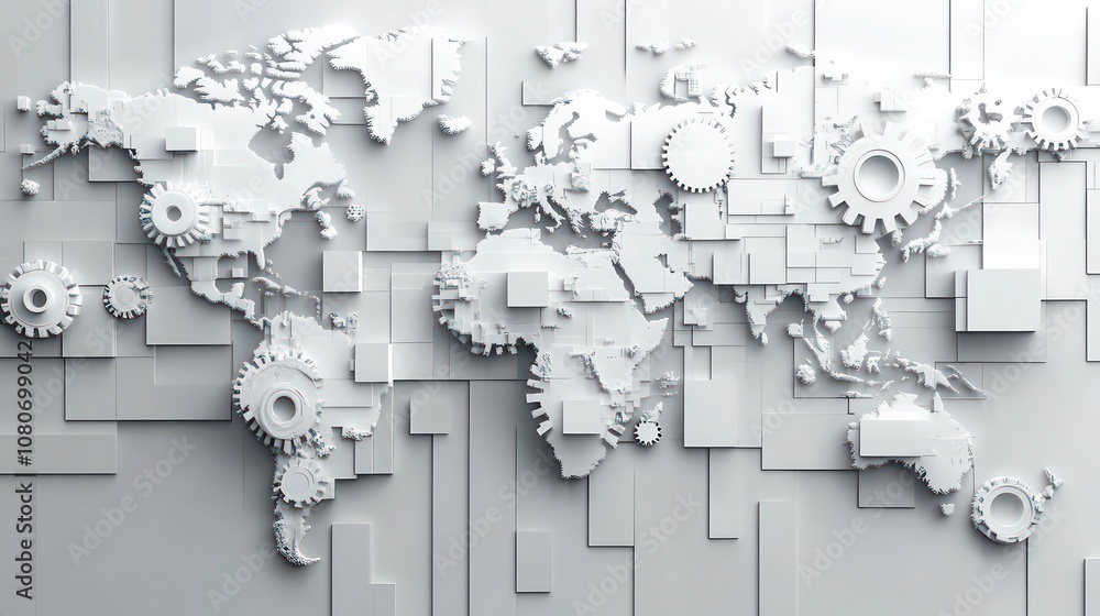 Poster Abstract world map background with white color blocks and gears symbolizing global networks and technology