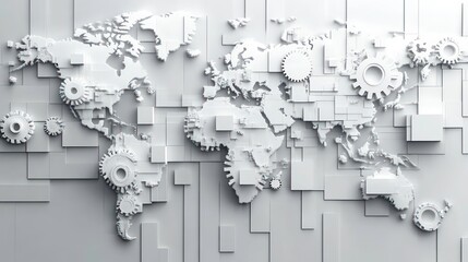 Abstract world map background with white color blocks and gears symbolizing global networks and technology