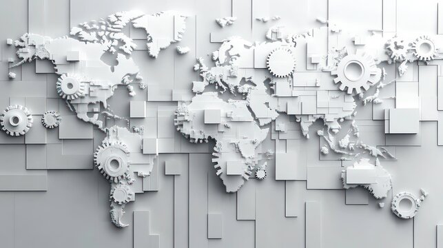 Abstract world map background with white color blocks and gears symbolizing global networks and technology - Powered by Adobe