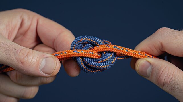 Two hands holding a blue and orange rope tied in a knot against a dark blue background.