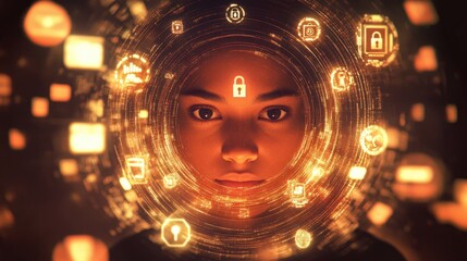 Futuristic digital security concept featuring a person surrounded by glowing tech symbols.