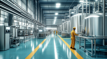 Workers operate stainless steel tanks in a modern milk packaging plant with bright lighting and clean, blue-green floors during daylight hours