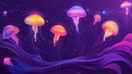 A group of glowing jellyfish swim through a cosmic sea with a galaxy background.