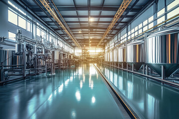 Modern brewery interior showcasing stainless steel tanks and advanced machinery on a blue-green floor in a well-lit production facility