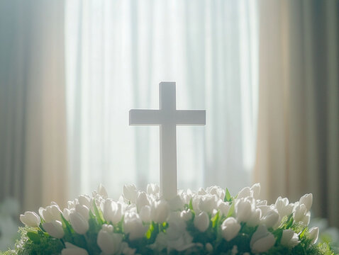 Christian spring background: cross and white tulips 