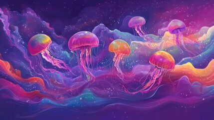 A group of colorful jellyfish swim through a dreamy, cosmic landscape of swirling clouds and sparkling dust.