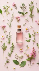 Delicate pink perfume bottle surrounded by an array of fresh herbs and wildflowers on a soft pink background, creating a romantic botanical composition.