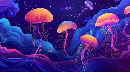 Vibrant jellyfish swim through a starry night sky, glowing with neon colors.