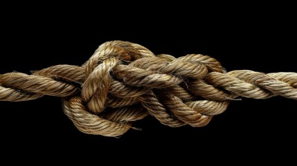 Fototapeta premium A close-up of a thick, knotted rope isolated against a black background. The rope is worn and has a natural, rustic texture. The knot is complex and intricate, suggesting strength and resilience.