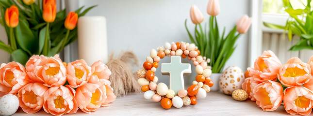 Christian background: cross in wreath, spring easter decorations