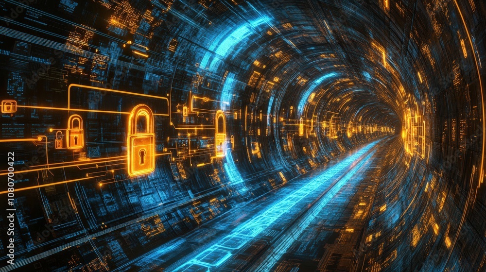 Poster futuristic digital tunnel with glowing locks and circuit elements illustrating cyber security.