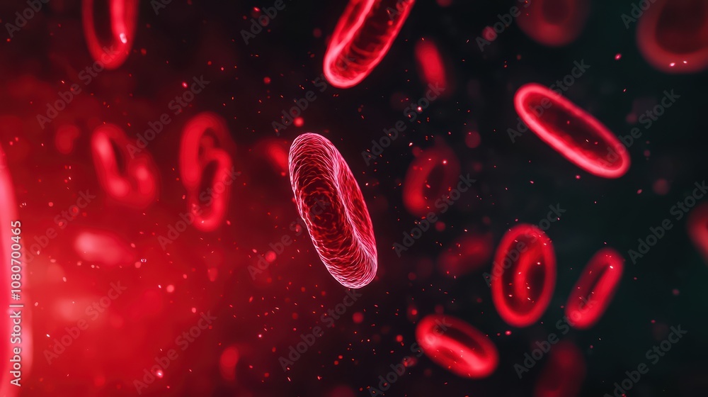 Poster red blood cells floating in a dark background with shimmering particles, showcasing the microscopic 