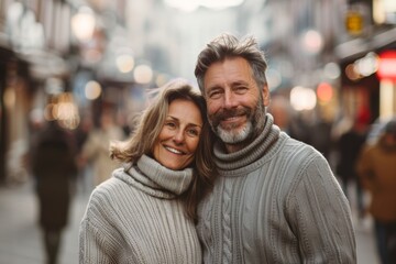 Fototapeta premium Portrait of a happy caucasian couple in their 40s wearing a classic turtleneck sweater isolated in busy urban street