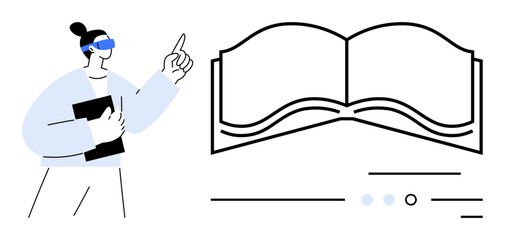 A person wearing virtual reality glasses holds a tablet, pointing at an open book icon with digital elements. Ideal for education, technology, innovation, e-learning, futuristic, VR concepts, digital