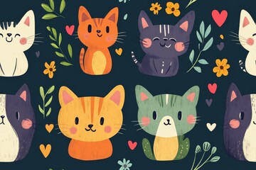 Cute Cartoon Cats Pattern with Hearts  Flowers and Leaves Seamless Design