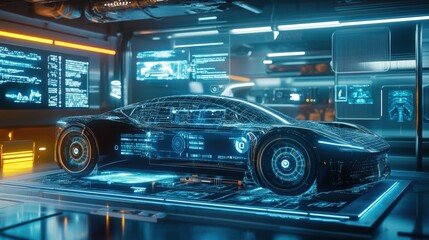 Futuristic electric car concept in high-tech lab with digital interface and holographic displays.