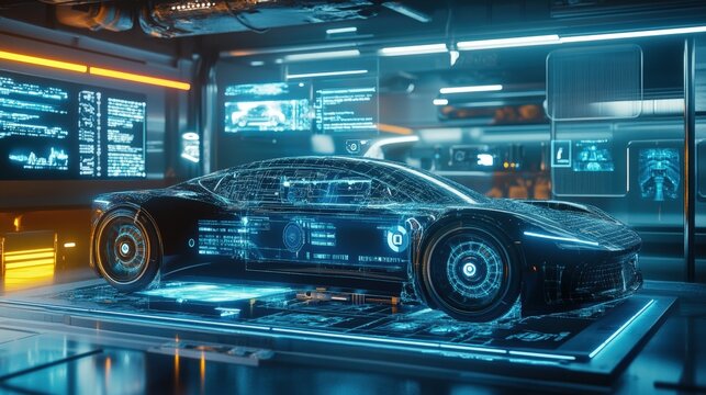 Futuristic electric car concept in high-tech lab with digital interface and holographic displays.