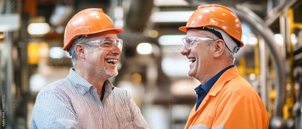 Poster two middle-aged factory workers in safety helmets share laughter while discussing their day in a bus