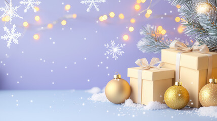 Festive winter scene with decorative gifts, golden ornaments, snowflake accents, and twinkling lights against a soft purple background