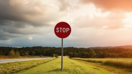 Vibrant Sunset Over Rural Landscape with Prominent Red Stop Sign