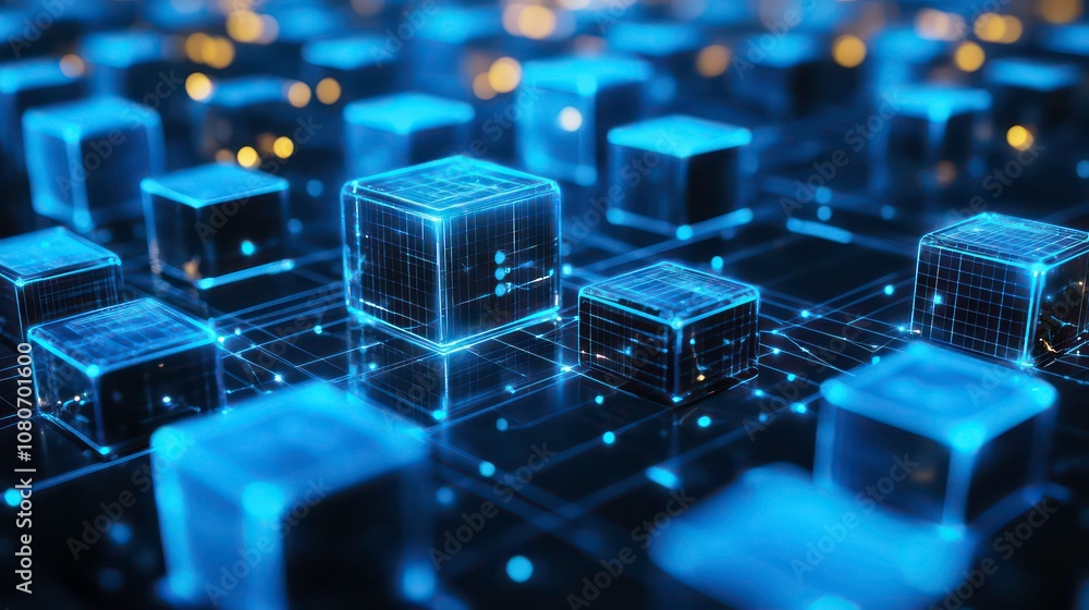 Poster abstract digital blockchain network concept with glowing blue cubes on a dark background