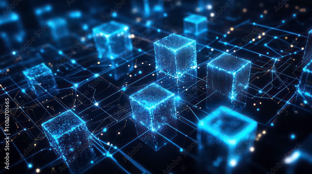 Poster Abstract digital blockchain network concept with glowing blue cubes on a dark background