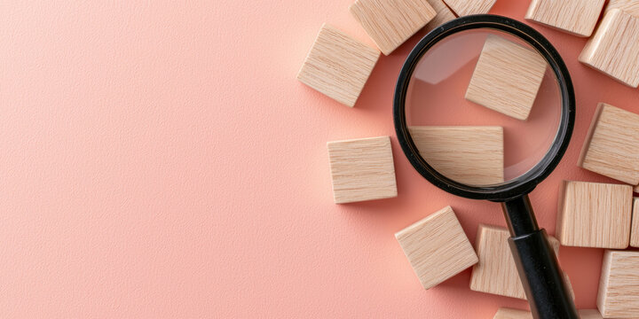 Magnifying glass over wooden blocks on pink background, symbolizing analysis and strategic planning. Perfect for concepts related to focus and clarity