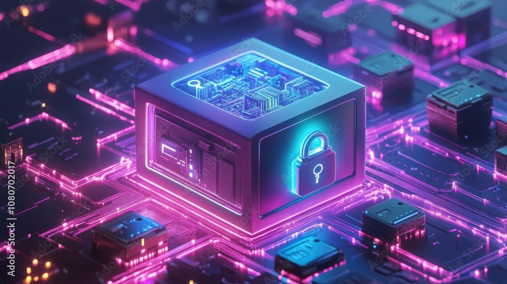 Poster futuristic glowing circuit with lock symbol, representing digital security and technology.