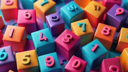 Colorful cubes with numbers on them, scattered randomly.