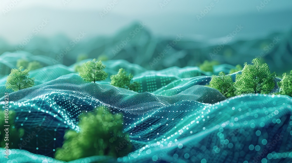 Poster abstract 3d rendering of a digital landscape with trees.