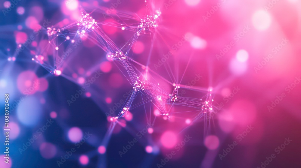 Poster Abstract background with glowing pink and blue network of connected dots and lines.
