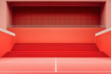 Vibrant red sports arena with tiered seating and a polished court, ideal for athletic events and competitions.