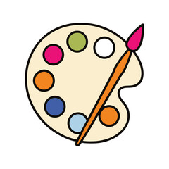 Paint Tray with Brush Flat Color Vector Clipart Illustration.