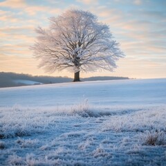 Einsamer vereister Baum auf schneebedecktem Feld im Winter