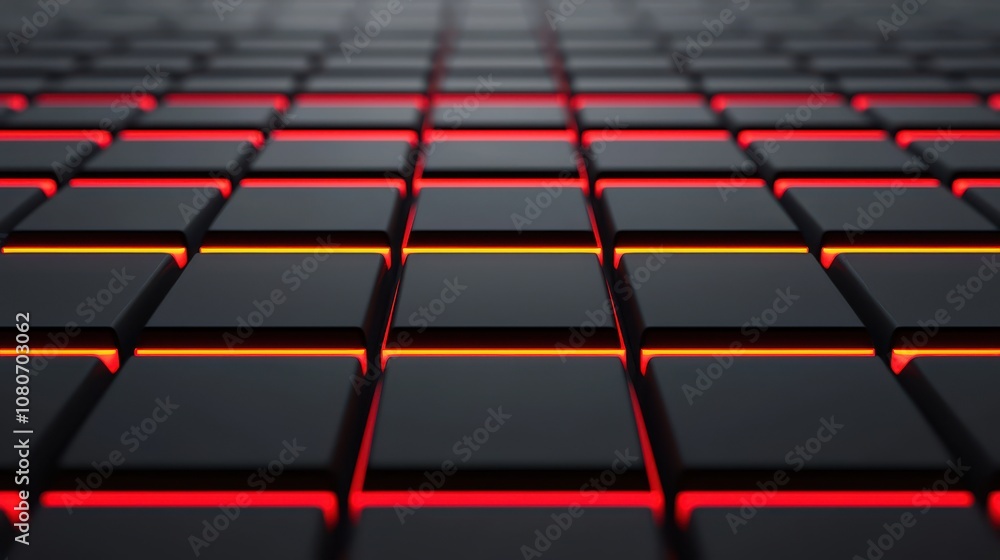 Poster abstract geometric pattern of glowing black tiles with red and orange light accents creating a moder