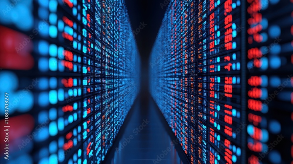 Poster futuristic data center with glowing server racks and digital displays showcasing technology infrastr