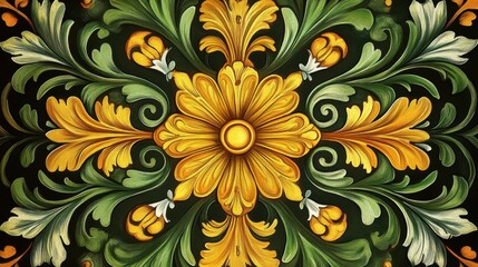 Ornate floral pattern with yellow and green leaves on dark background
