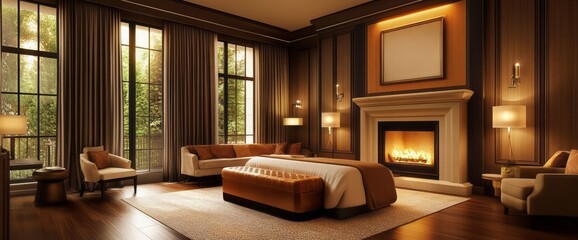 Fototapeta premium Cozy bedroom with a fireplace and large windows.
