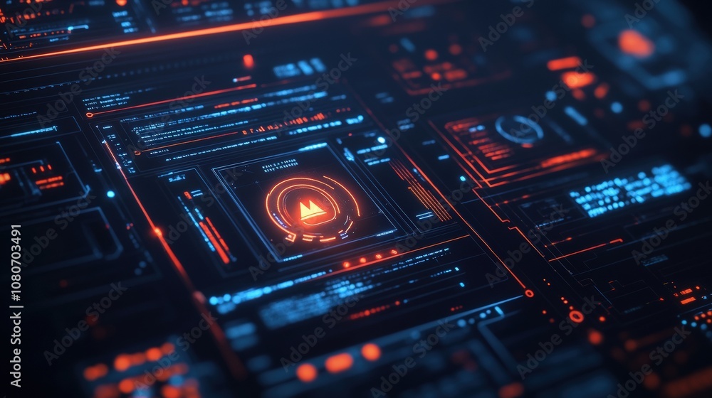 Poster futuristic interface with glowing digital elements and holographic displays of a cyber system.